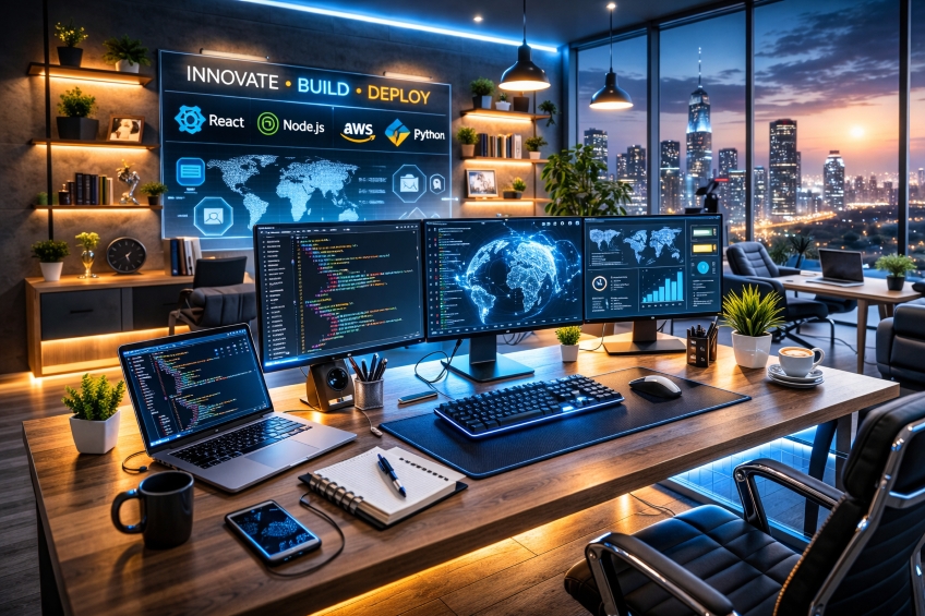 Modern web development workspace with futuristic holographic code displays